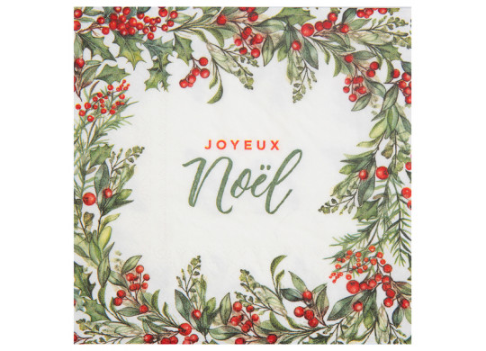 20 Serviettes blanches houx Joyeux Noël