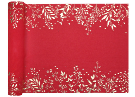 Chemin de table crepe rouge feuilles d'hiver or
