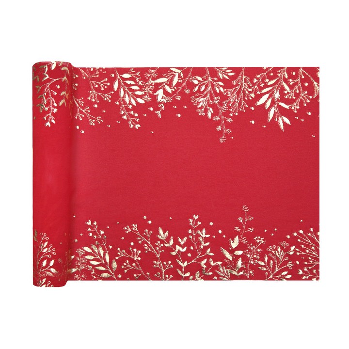 Chemin de table crepe rouge feuilles d'hiver or