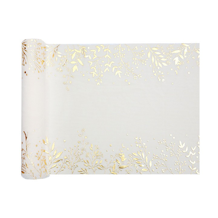 Chemin de table crepe ivoire feuilles d'hiver or