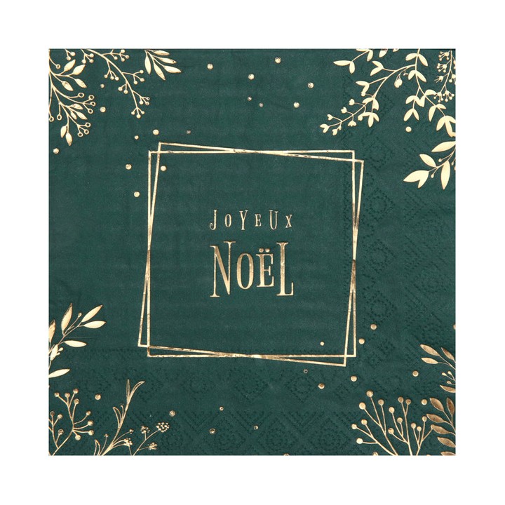 10 serviettes vertes feuilles d'hiver or