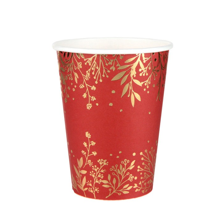 10 Gobelets rouges feuilles d'hiver or