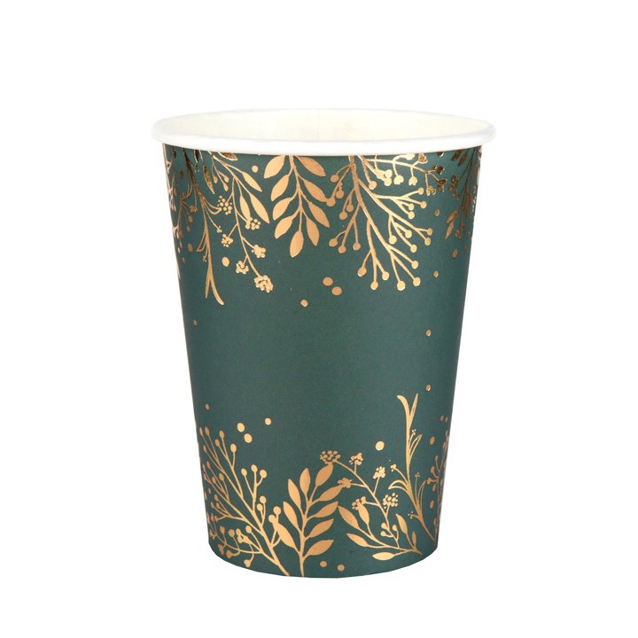 10 Gobelets verts feuilles d'hiver or