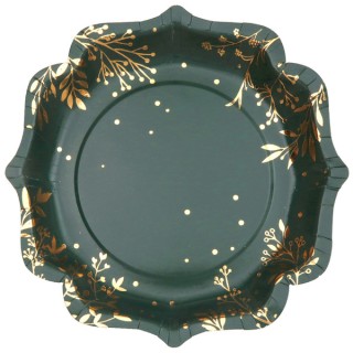 10 Assiettes vertes feuilles d'hiver or
