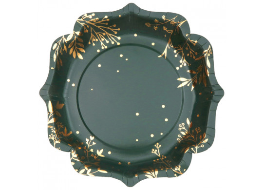 10 Assiettes vertes feuilles d'hiver or