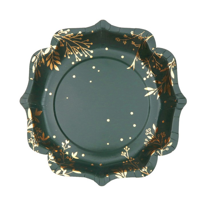 10 Assiettes vertes feuilles d'hiver or