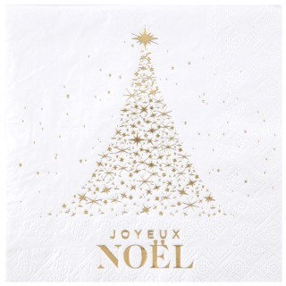 10 Serviettes blanches Joyeux Noël scintillant or