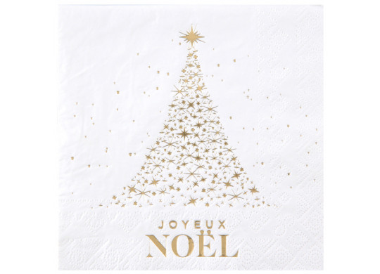 10 Serviettes blanches Joyeux Noël scintillant or