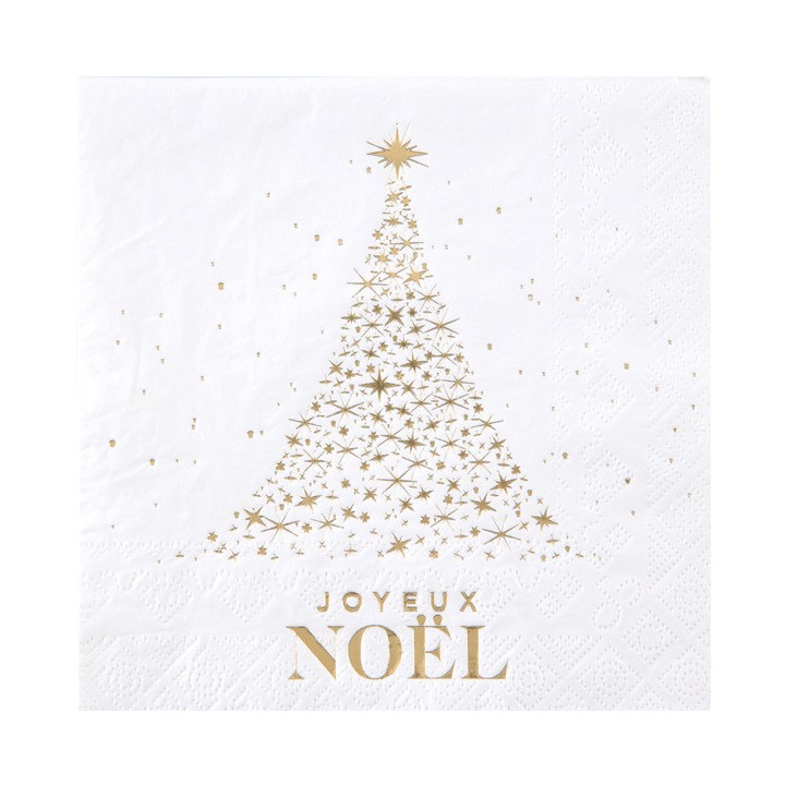 10 Serviettes blanches Joyeux Noël scintillant or