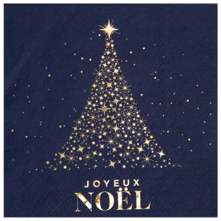 10 Serviettes bleues Joyeux Noël scintillant or