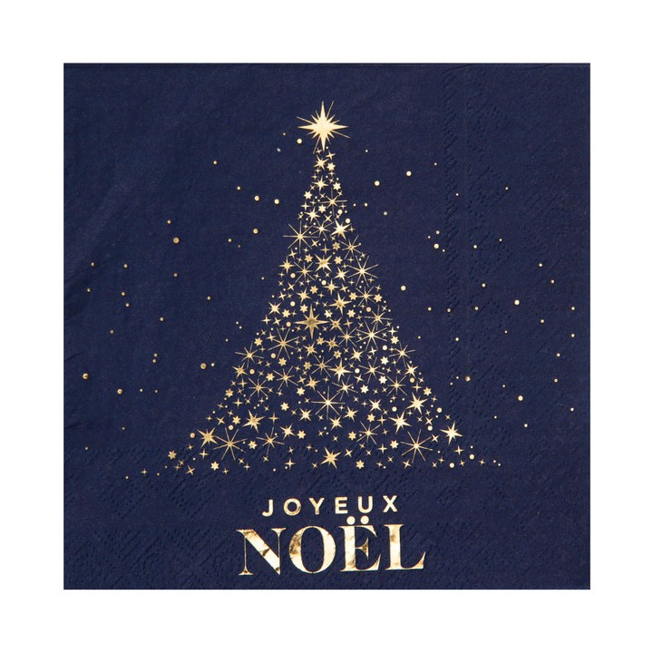 10 Serviettes bleues Joyeux Noël scintillant or