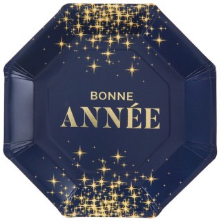 10 Assiettes bleues Bonne année paillete or