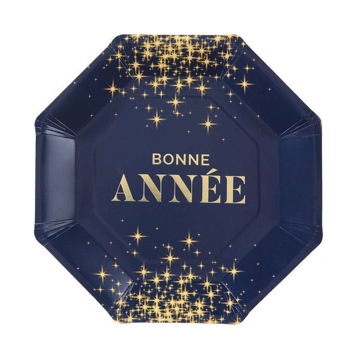 10 Assiettes bleues Bonne année paillete or