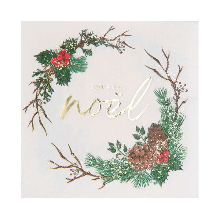 10 Serviettes blanches Joyeux Noël sous bois