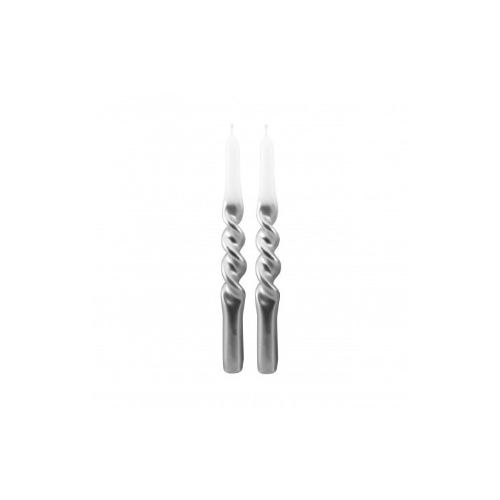 Bougies flambeaux torsadees blanc/argent x2