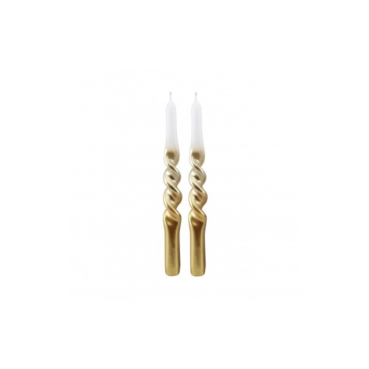 Bougies flambeaux torsadees blanc/or x2