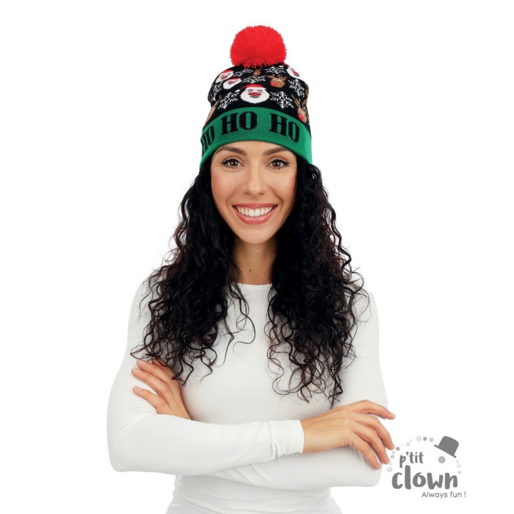 Bonnet tricot lumineux Père Noël hohoho