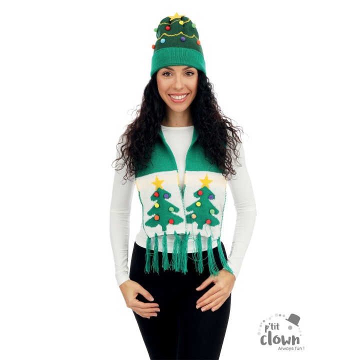 Set de Noël adulte bonnet + écharpe verte/blanche avec sapin