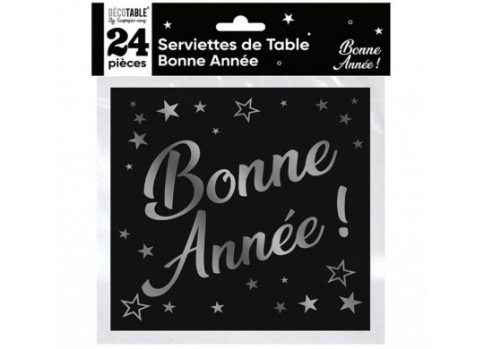 24 Serviettes noires Bonne année argent