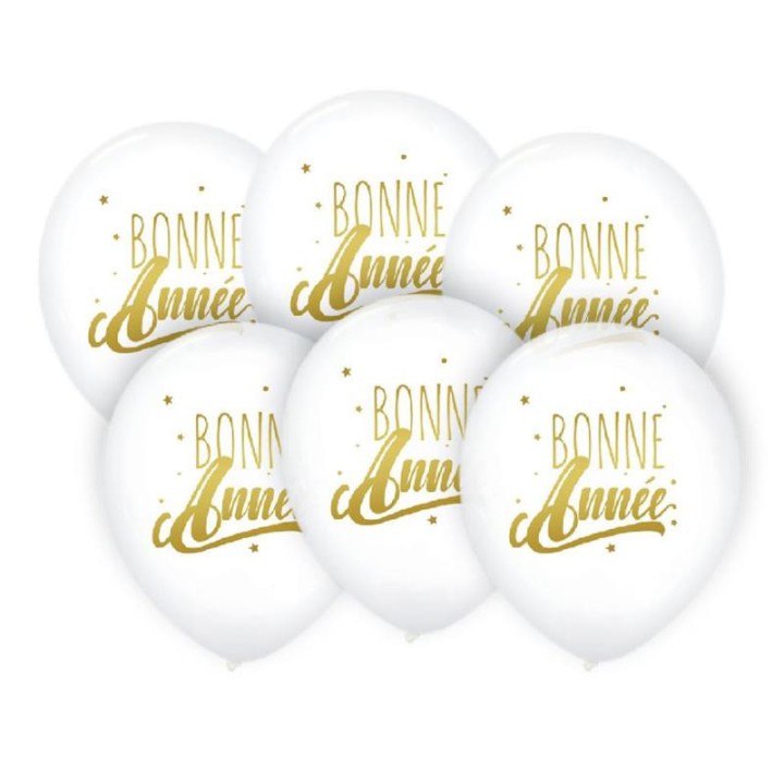 Ballons Bonne année blanc/or x6