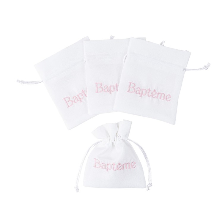 Pochons tissu bapteme rose x4