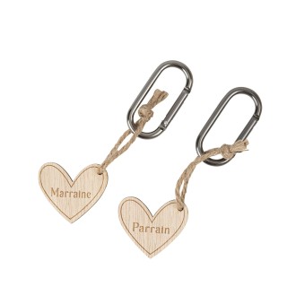 Porte cles cœur bois et mousqueton parrain/marraine x2