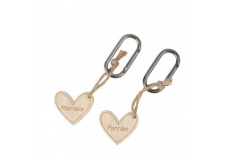 Porte cles cœur bois et mousqueton parrain/marraine x2
