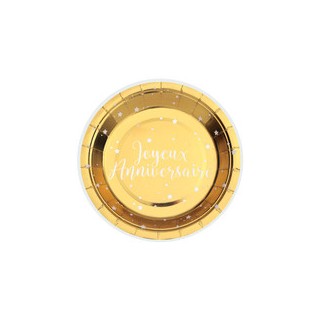 Assiettes PM joyeux anniversaire metalise or x10