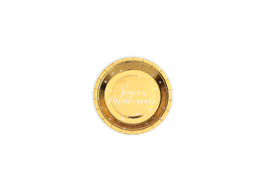Assiettes PM joyeux anniversaire metalise or x10