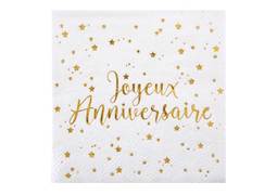 Serviettes joyeux anniversaire metalise or x 20