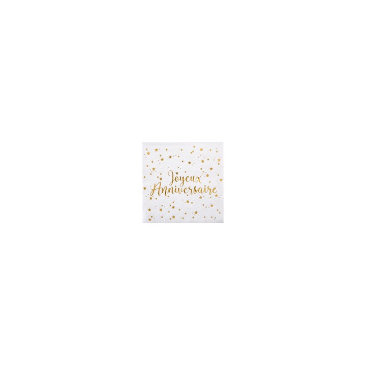 Serviettes joyeux anniversaire metalise or x 20
