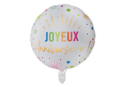 Ballon alu rond Joyeux anniversaire festicolor blanc 45cms