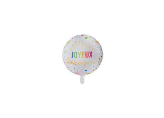 Ballon alu rond Joyeux anniversaire festicolor blanc 45cms