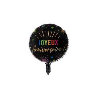 Ballon alu rond Joyeux anniversaire festicolor noir 45cms
