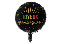 Ballon alu rond Joyeux anniversaire festicolor noir 45cms