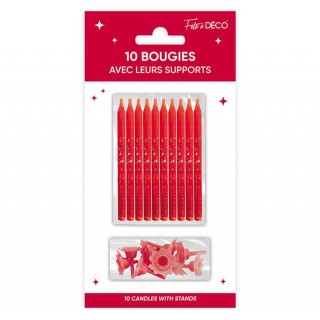 10 Bougies pailletées rouge avec support