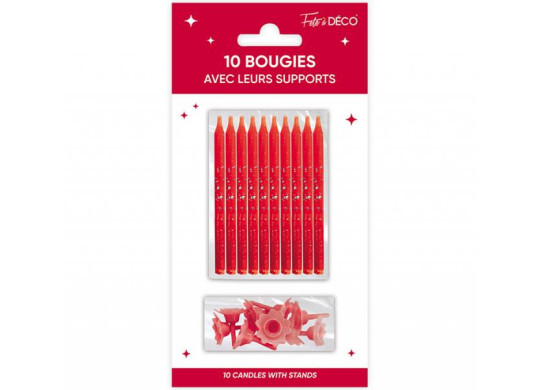 10 Bougies pailletées rouge avec support 10 Bougies pailletées rouge avec support