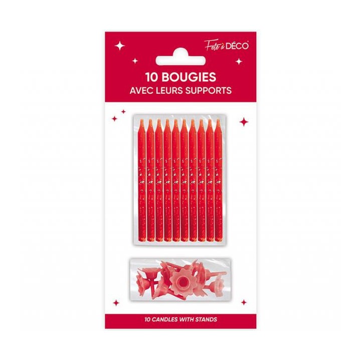 10 Bougies pailletées rouge avec support
