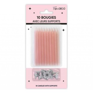10 Bougies pailletées rose poudré avec support