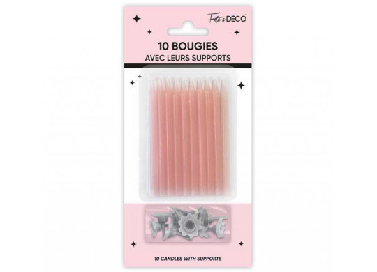 10 Bougies pailletées rose poudré avec support 10 Bougies pailletées rose poudré avec support