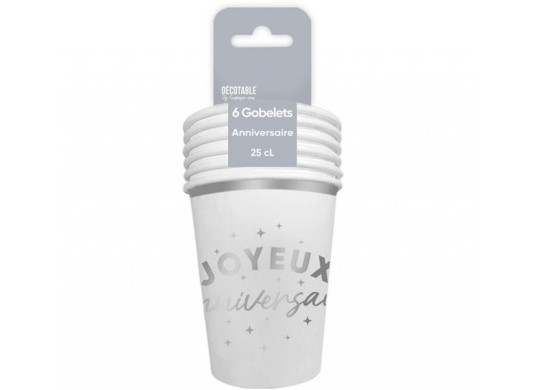 Gobelets carton Joyeux anniversaire argent Gobelets carton Joyeux anniversaire argent