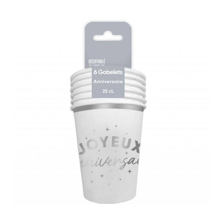 Gobelets carton Joyeux anniversaire argent