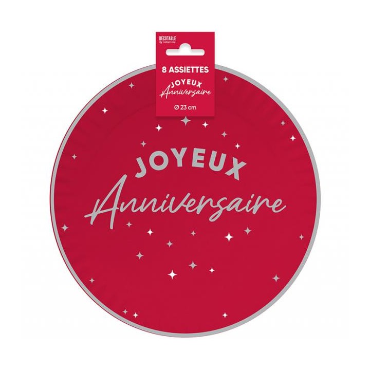 Assiettes carton GM Joyeux anniversaire rouge