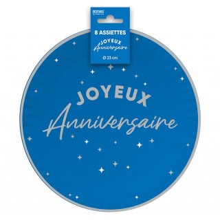 Assiettes carton GM Joyeux anniversaire bleu touareg