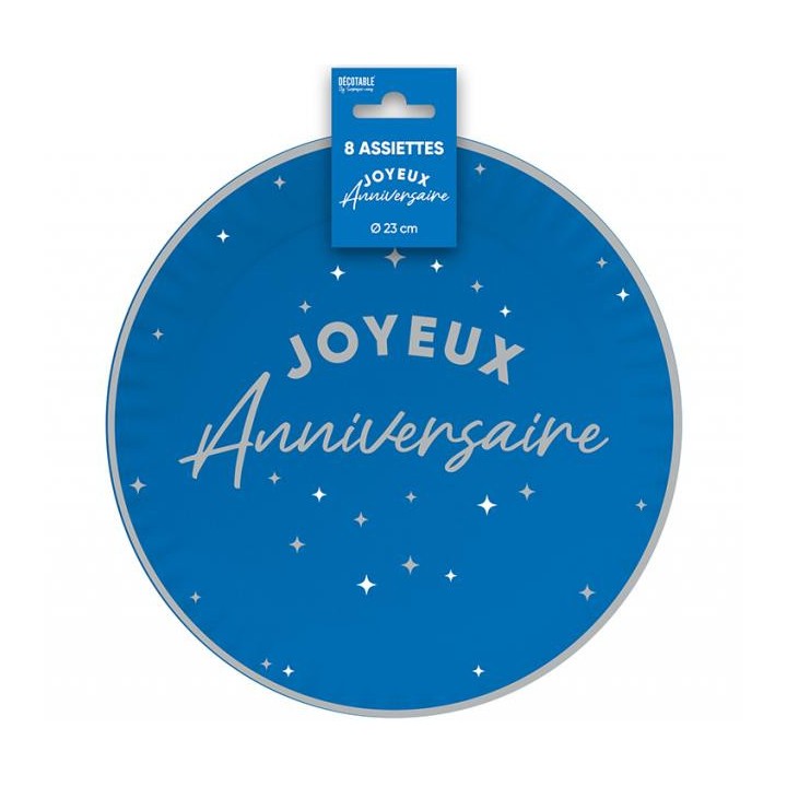 Assiettes carton GM Joyeux anniversaire bleu touareg