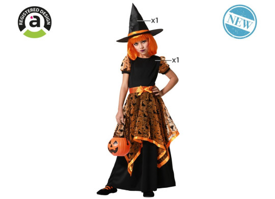 Costume enfant sorcière orange et chat noir Costume enfant sorcière orange et chat noir