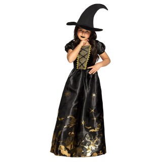 Costume enfant fille sorcière longue noir/or