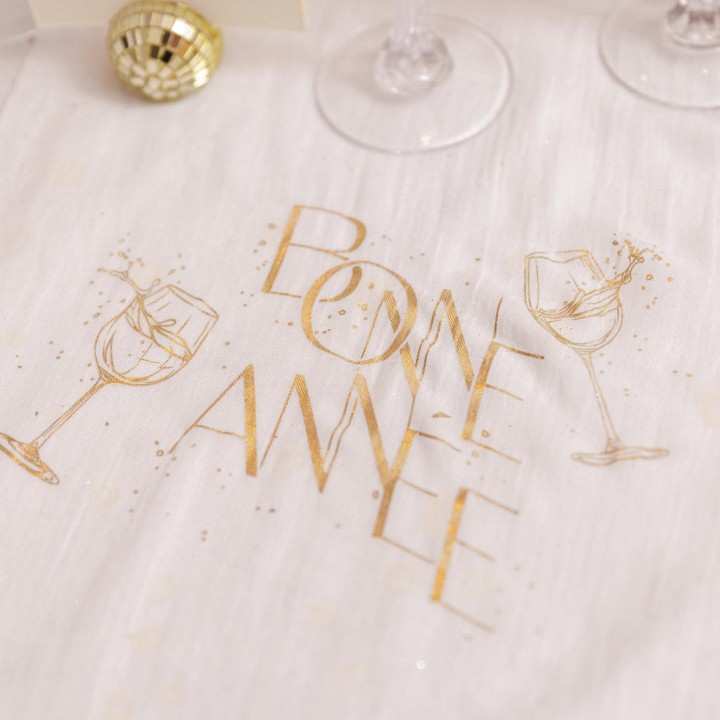 Chemin de table mousseline blanche "Bonne année" - décoration de table nouvel an