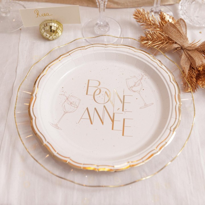 8 Assiettes blanches "Bonne Année" - décoration de table Noël