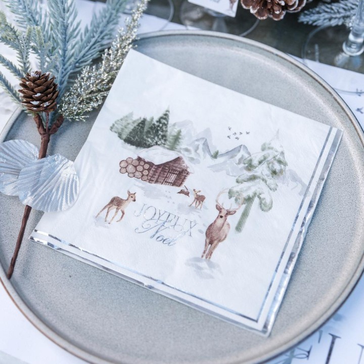 Serviettes vertes "Joyeux Noël" neige éternelle - décoration de table Noël